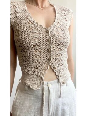 Stunning Crochet top / vest with wood buttons and adjustable tie waist